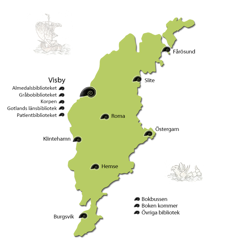 Karta över Gotland med placering av biblioteken