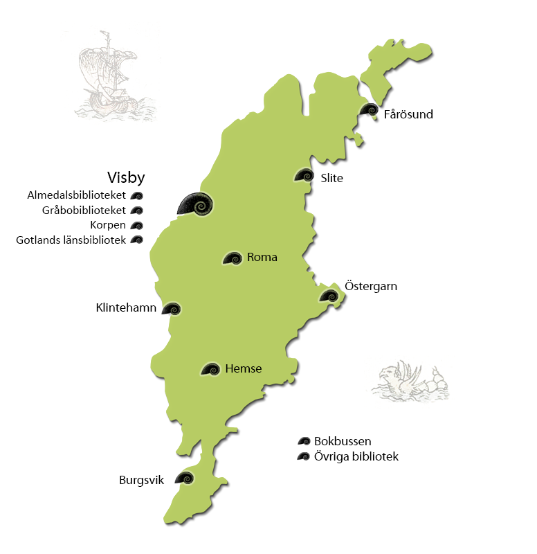 Karta över Gotland med placering av biblioteken